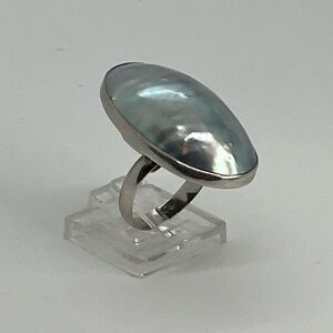 Vtg 925 Sterling Silver Grey Mother of Pearl Adjustable Statement Ring